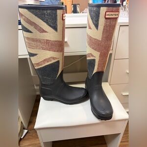 Hunter Union Jack Brit Flag Tall Rain Boots - Black, Tan & Navy